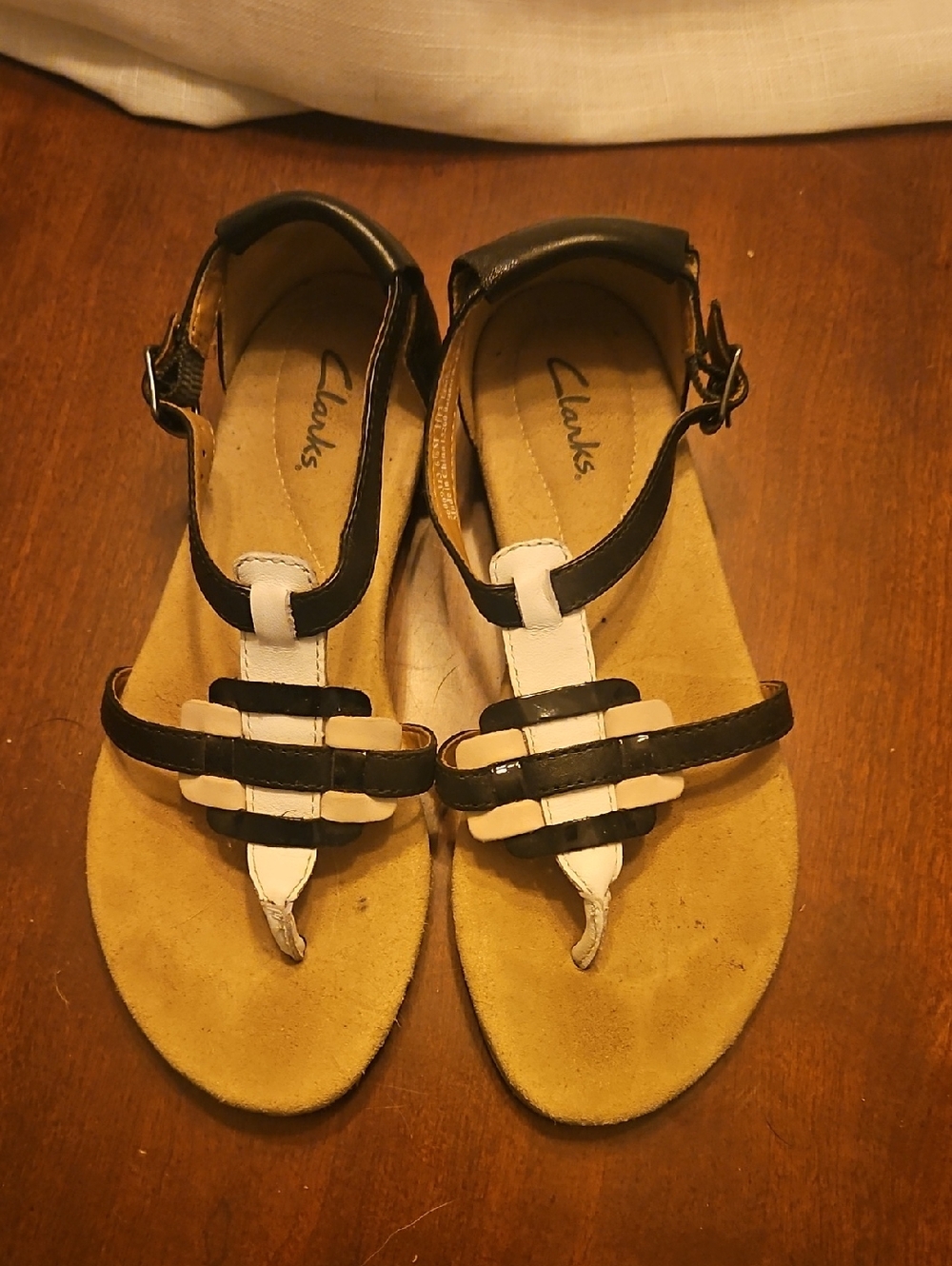 Clarks Black and White Leather Strappy Sandals